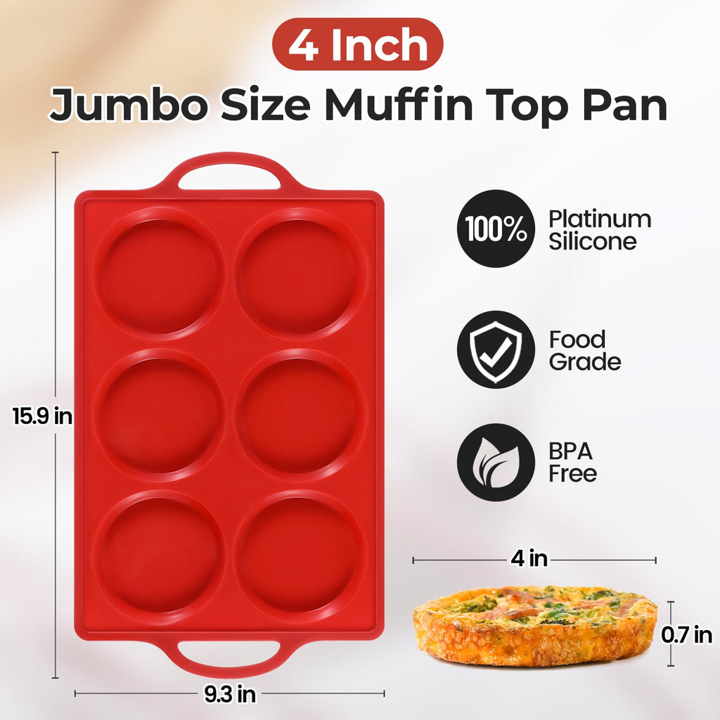 CAKETIME Muffin Top Pan Non Stick, 4 Inch Metal Frame Round Silicone Egg Baking Pan for Oven English Muffins, Whoopie Pies, Corn Bread, Egg Bites, Breakfast Sandwiches Tarts 3 Pack Red