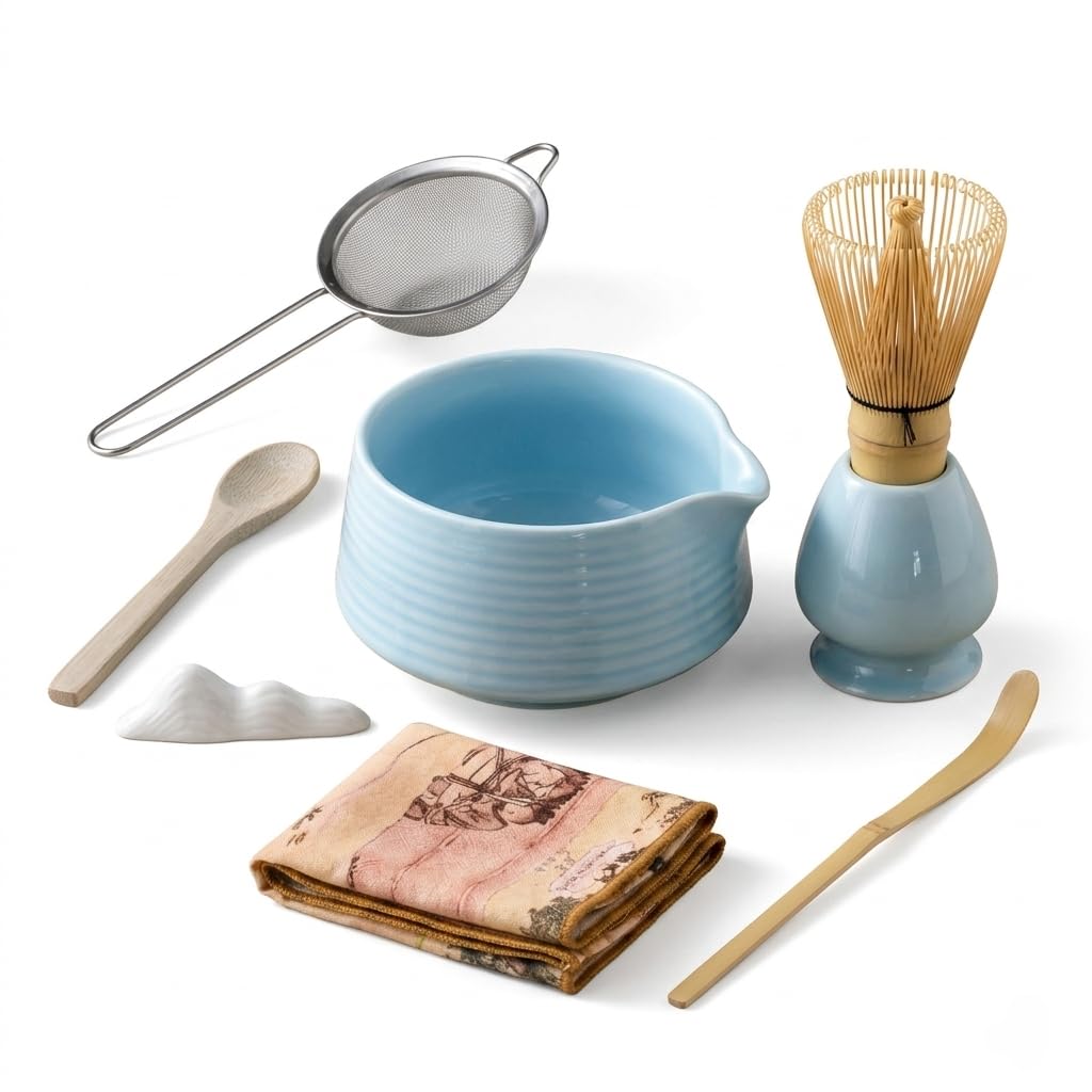 8-Piece Traditional Matcha Tea Set with Spouted Ceramic Bowl, Bamboo Whisk and Holder, Complete Japanese Matcha Kit for Home Latte Preparation, Includes Sifter and Scoop Rest, Premium Gift Box(Blue)