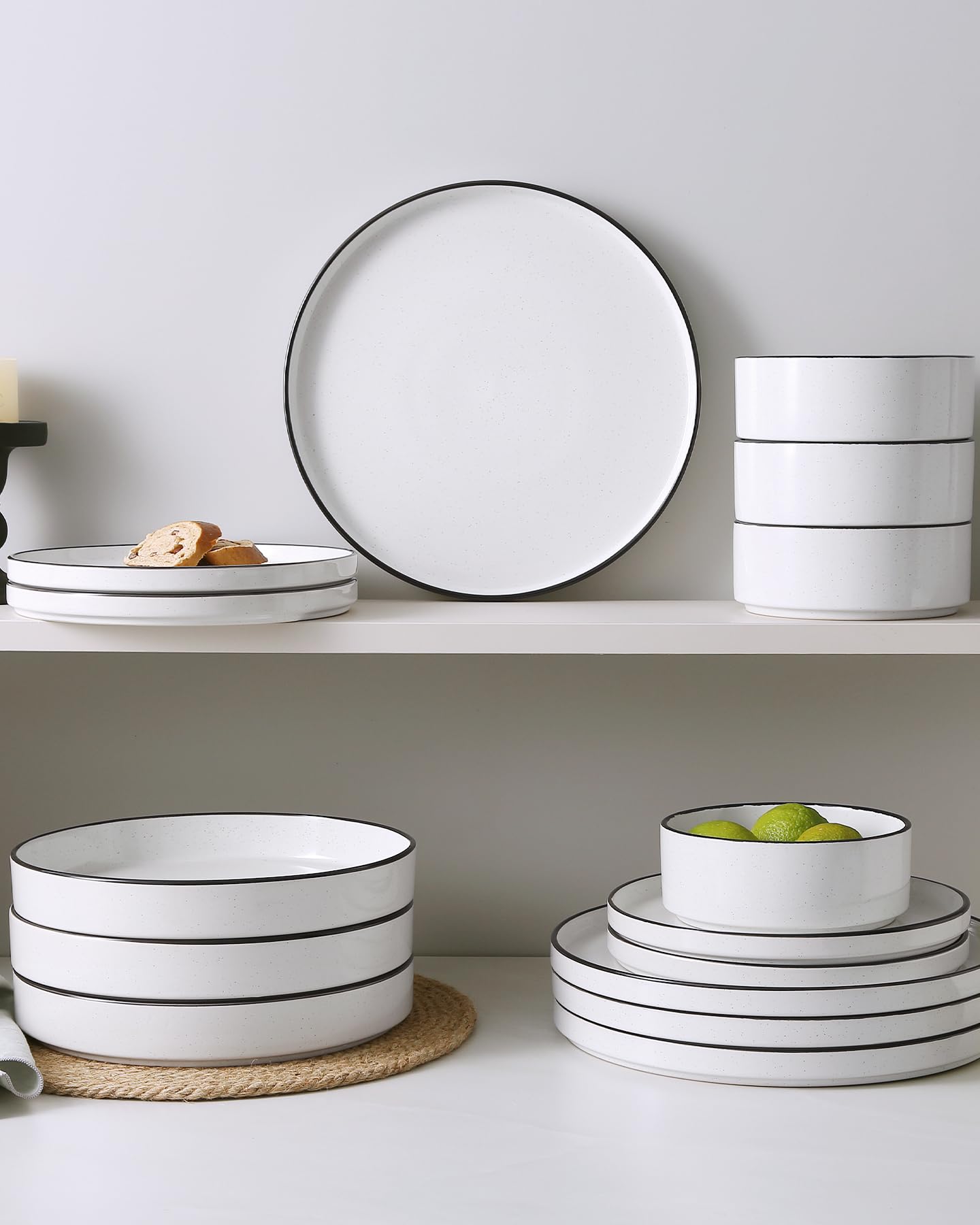 Famiware Nebula 18-Piece Dinnerware Set, White with Black Rim
