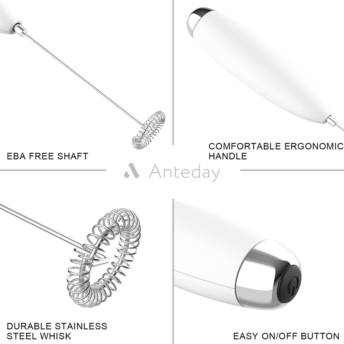 Anteday Electric Milk Frother Handheld, Quality Frother Wand for Coffee, Battery Operated (Not included) Drink Mixer Matcha Whisk, Functionality Foam Maker for Frappe Hot Chocolate, Cappuccino, Lattes