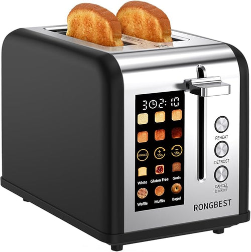 2 Slice Touch Screen Toaster Stainless Steel Wide Slot with Single-slice Mode, Digital Touchscreen, Reheat & Defrost, Toasted Bagel & Bread for Family Breakfast, Removable Crumb Tray
