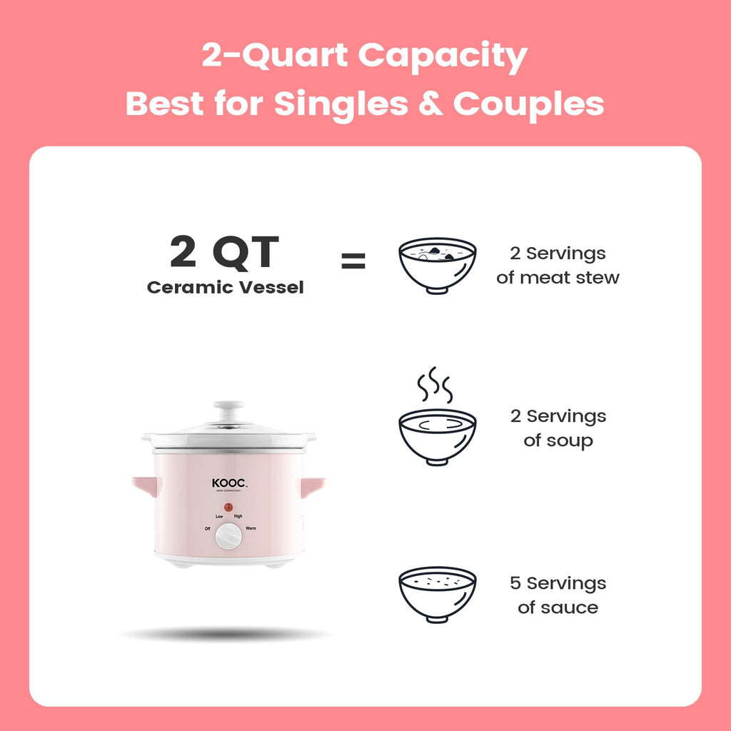 KOOC Small Slow Cooker, 2-Quart, Free Liners Included for Easy Clean-up, Upgraded Ceramic pot, Adjustable Temp, Nutrient Loss Reduction, Stainless Steel, Pink, Round