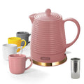 LONGSEED 1.2 Liters Ceramic Electric Kettle with Infuser & Mug Set, 1000W Fast Boil Water for Tea and Coffee, Teapot with Boil-Dry Protection and Auto Shut-Off, Detachable Swivel Base