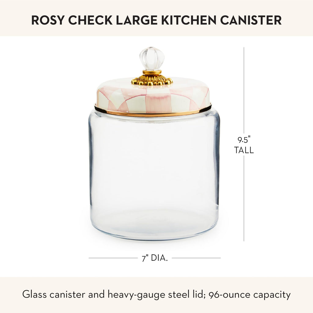 MACKENZIE-CHILDS Rosy Check Kitchen Canister, Decorative Pink-and-White Glass Storage Jar with Lid, Large
