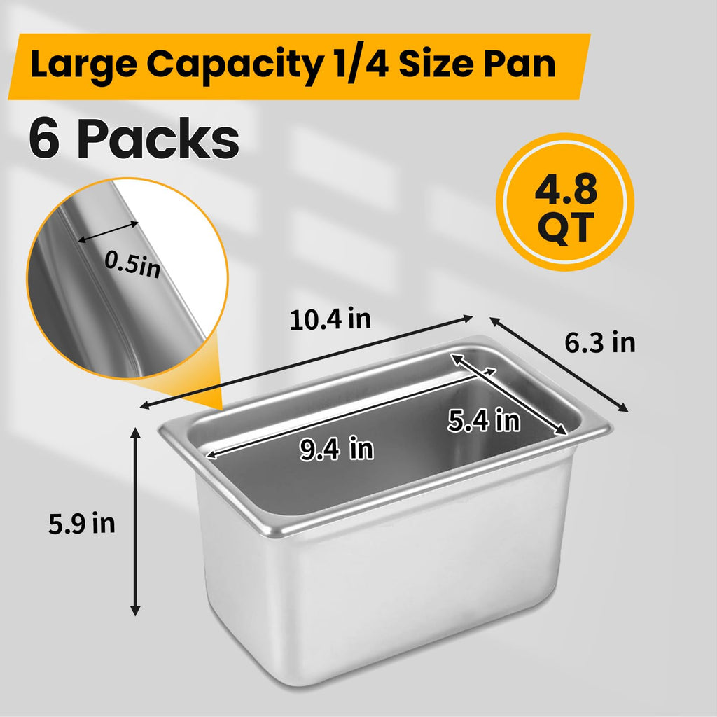 Aplancee 1/4 Hotel Pans 6 Inch Deep Stainless Steel Food Pan - Anti-Jam 6 Pack Steam Table Pan Set for Catering, Buffet Use, Kitchen Prep