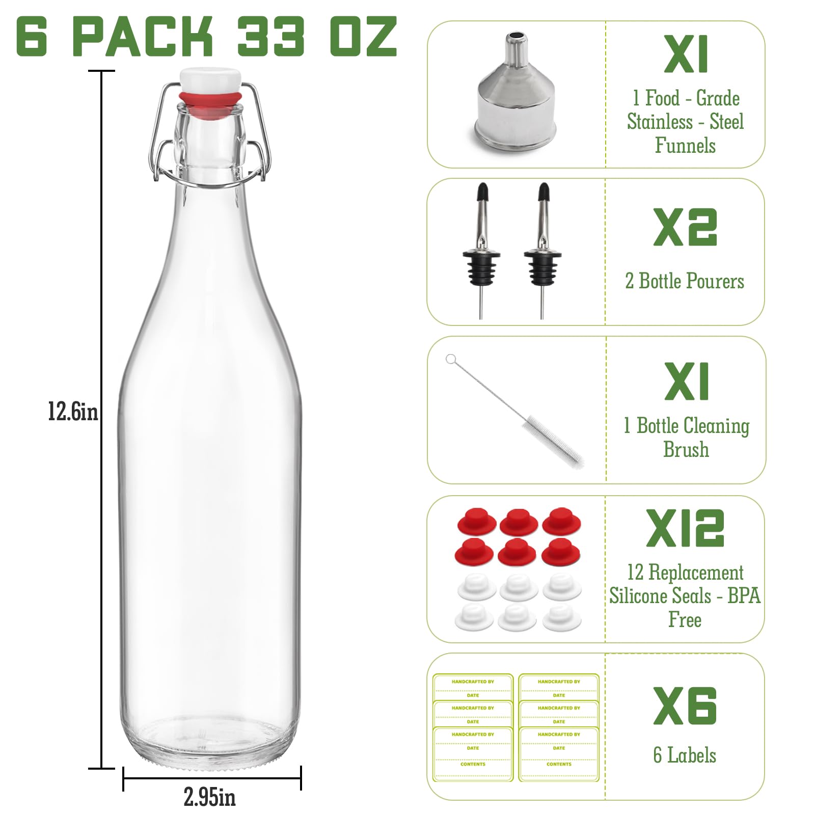 6 Pack [1 Liter / 33 fl. oz.] Swing Top Glass Bottles – Airtight Flip Top Brewing Bottles for Kombucha, Beer, Wine, Kefir, Soda, Liquor – Includes Funnel, 2 Pourers, 6 Seals, 8 Labels & Jute Twine