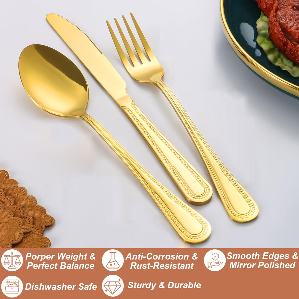 20 Pcs Gold Silverware Set for 4, Food Grade Stainless Steel Flatware Set, Eating Utensils Sets Include Fork/Knife/Spoon, Reusable Cutlery Set for Home Kitchen, Dishwasher Safe, Pearl-edged