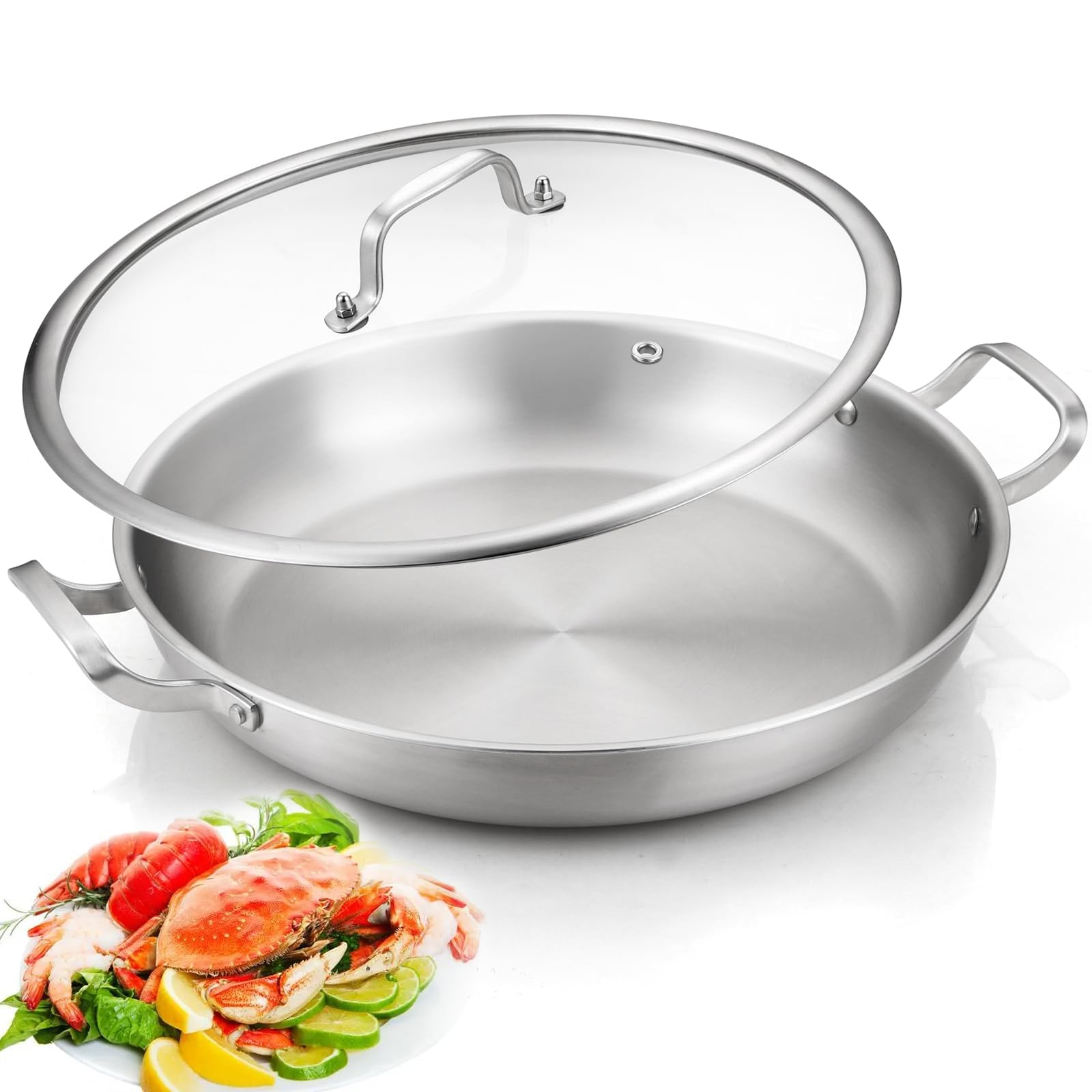 DELARLO Paella Pan 14 Inch Tri-Ply Stainless Steel Paella Pan with Lid, Jumbo Frying Pan, kitchen Induction Large Skillets,Great for Paella Parties Indoors Outdoors,Heavy Duty Style