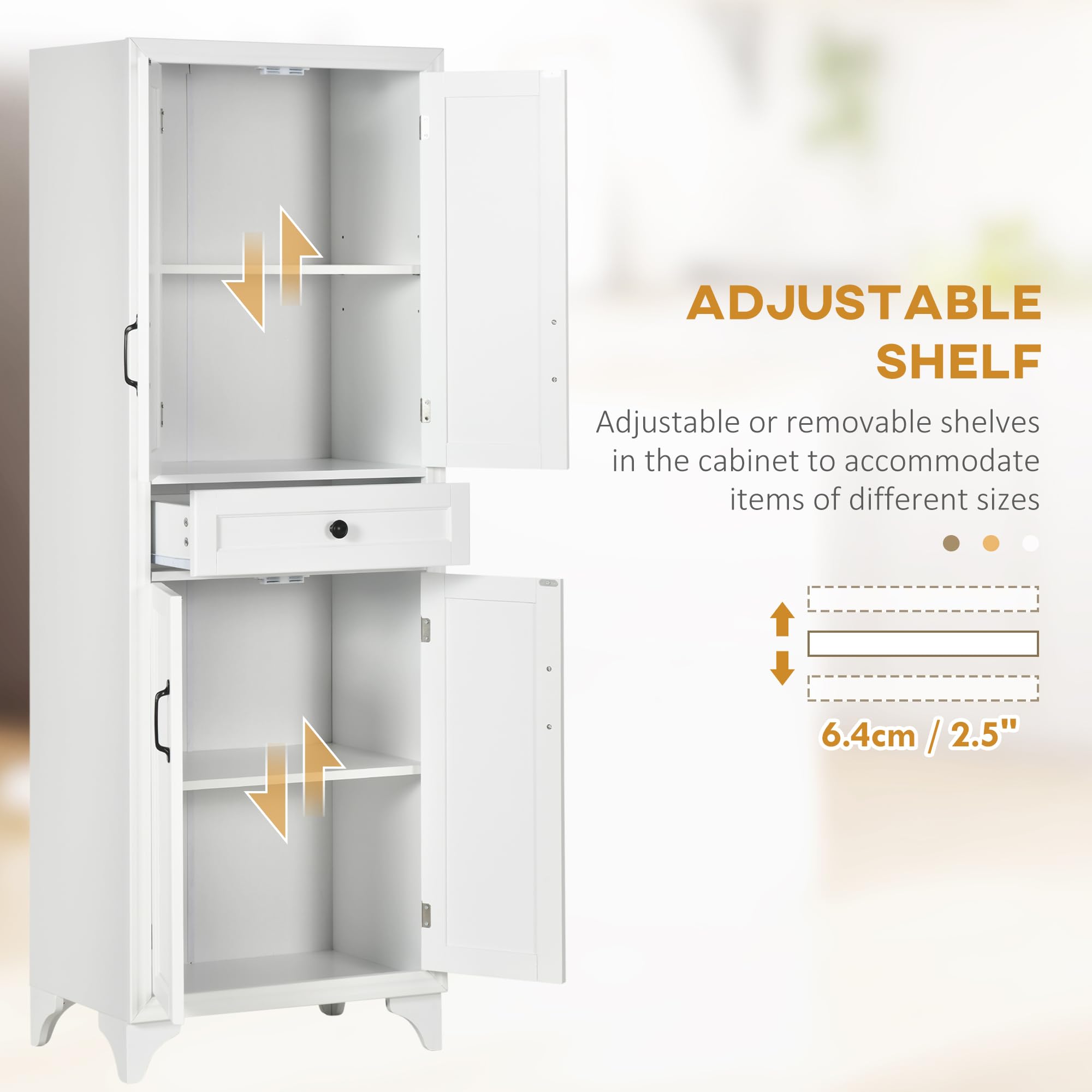 HOMCOM 67" Tall Freestanding Kitchen Pantry Cabinet 4-Door Drawer White