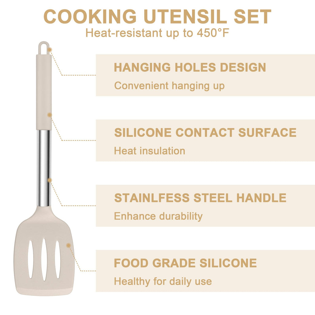 E-far Silicone Cooking Utensils Set, 7 Pcs Heat Resistant Kitchen Utensils with Stainless Steel Handle, Slotted Turner, Spoon, Soup Ladle, Pasta Server, Skimmer, Tongs for Nonstick Cookware, Khaki