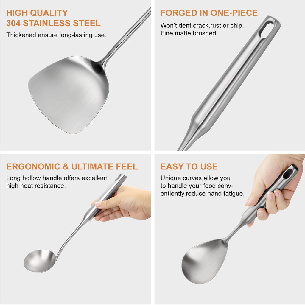 304 Stainless Steel Cooking Utensils Set, 12 Pcs Long Stainless Steel Kitchen Utensils Set, Metal Cooking Utensils Set with Potato Masher, Spoon, Ladle, Skimmer, Pasta Server etc(Dishwasher Safe)