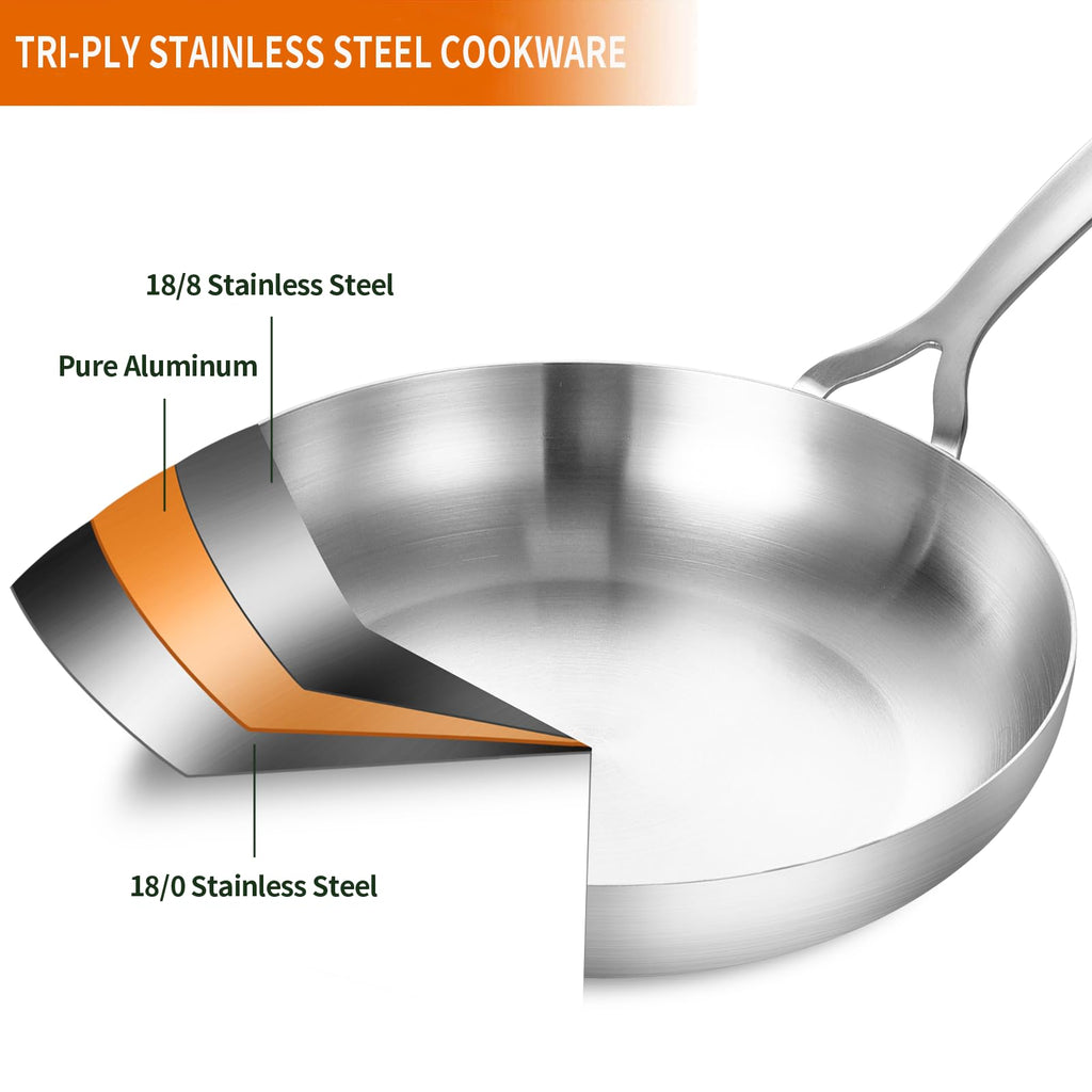DELARLO Tri-Ply Stainless Steel Frying Pan 12" With Lid Kitchen Skillet