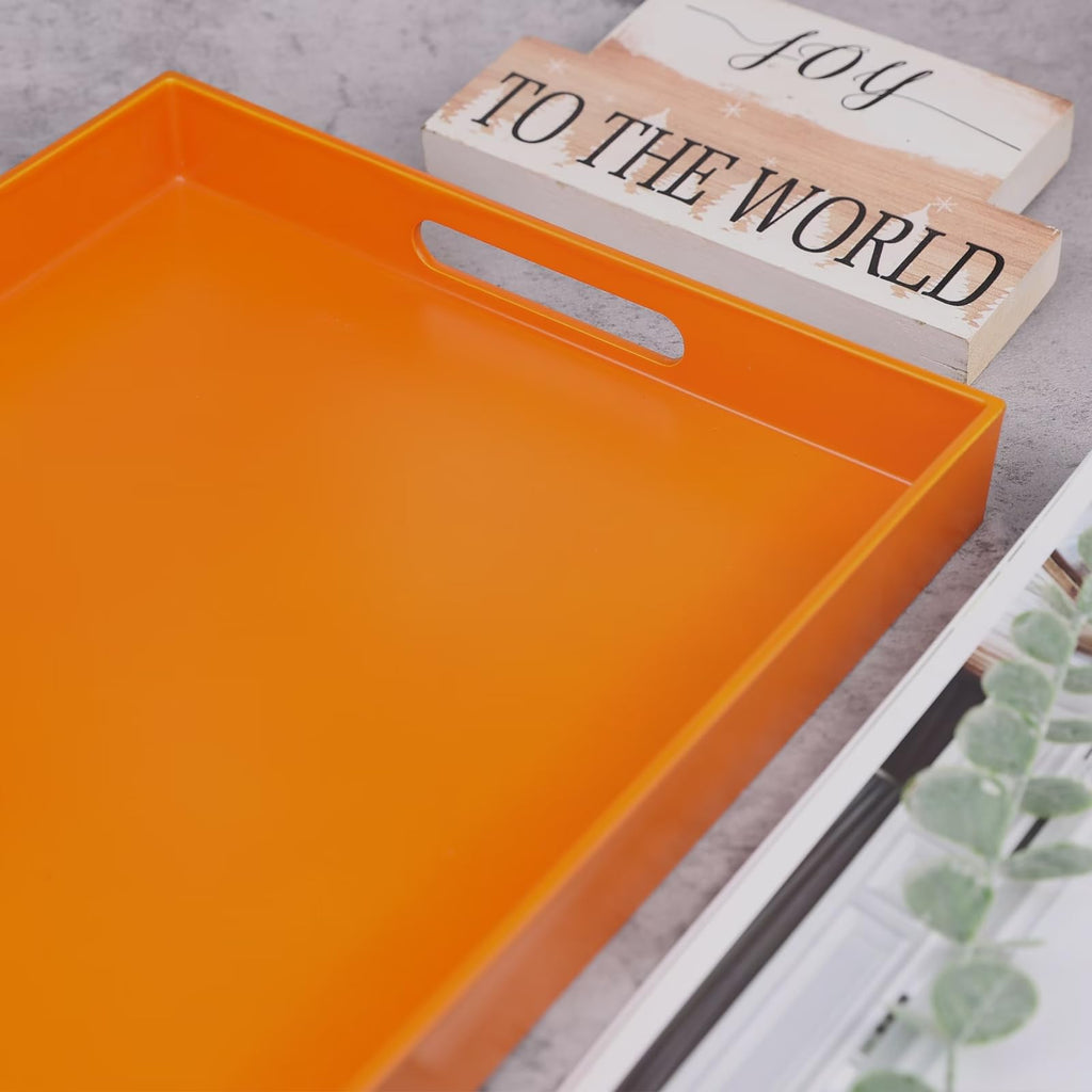 SforGUVA Ornage Serving Tray for Coffee Table, Rectangular Plastic Decorative Tray with Handles for Entertaining, Outdoor Patio, Living Room, Ottoman, Bathroom Counter, 11.8”*15.7”*1.6”