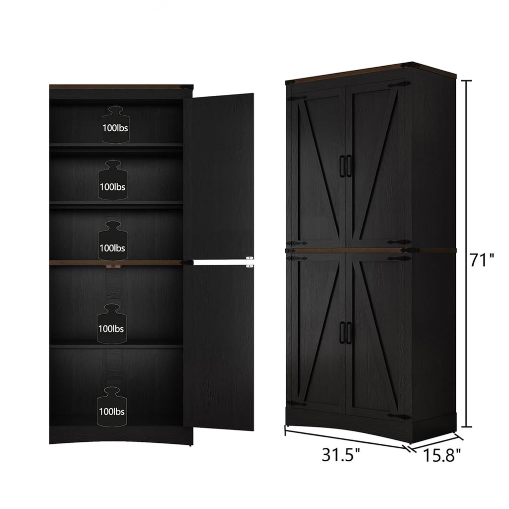71in Farmhouse Kitchen Pantry Cabinet,Tall Storage Cabinet with 4 Doors and Adjustable shelves,with Load-Bearing Steel Pipe,Wood Storage Cabinets for Kitchen,Dining Room,Bathroom(Black)