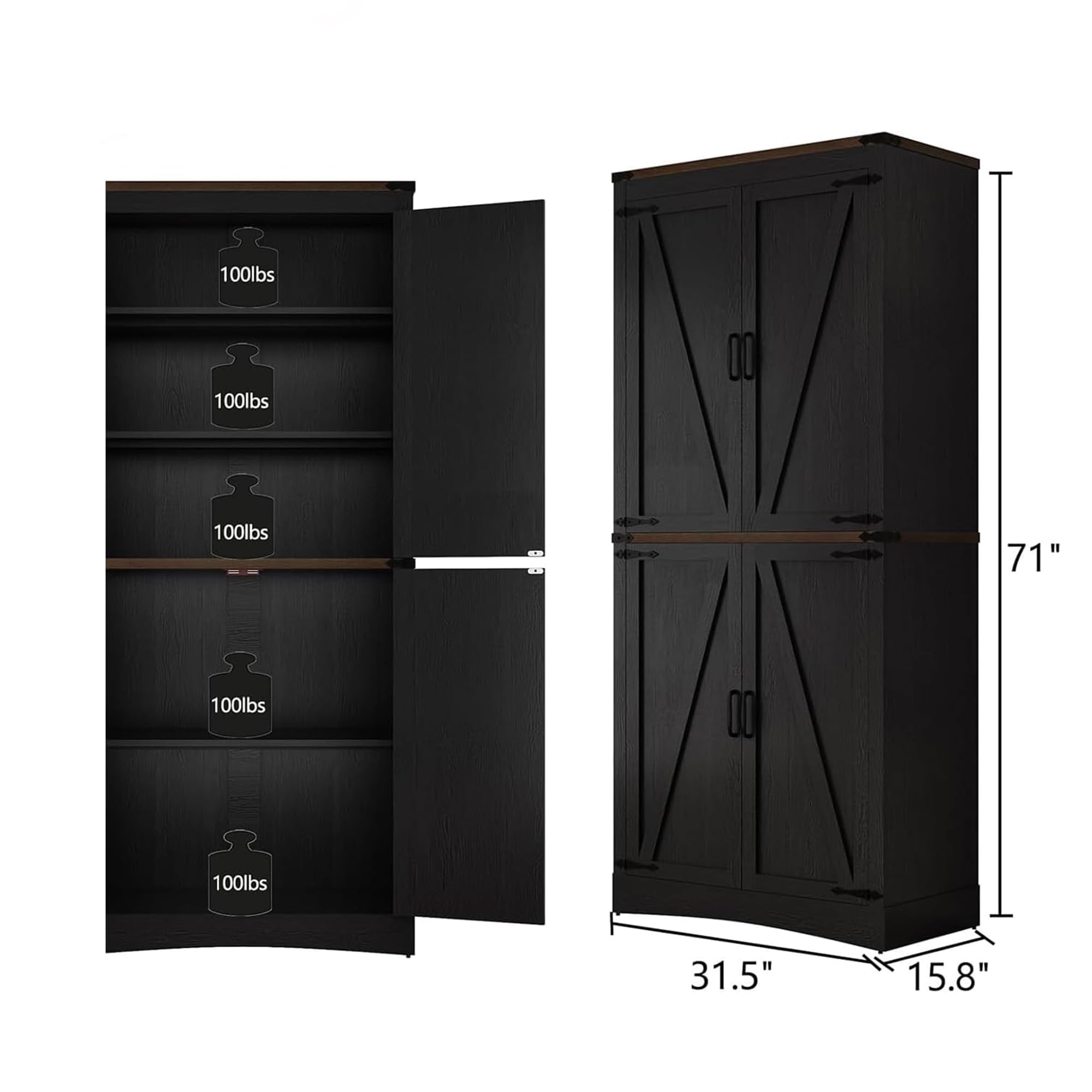 71in Farmhouse Kitchen Pantry Cabinet,Tall Storage Cabinet with 4 Doors and Adjustable shelves,with Load-Bearing Steel Pipe,Wood Storage Cabinets for Kitchen,Dining Room,Bathroom(Black)