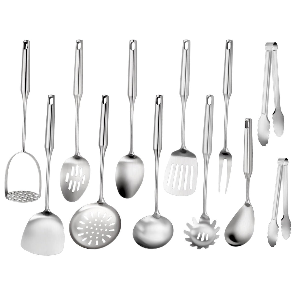 304 Stainless Steel Cooking Utensils Set, 12 Pcs Long Stainless Steel Kitchen Utensils Set, Metal Cooking Utensils Set with Potato Masher, Spoon, Ladle, Skimmer, Pasta Server etc(Dishwasher Safe)