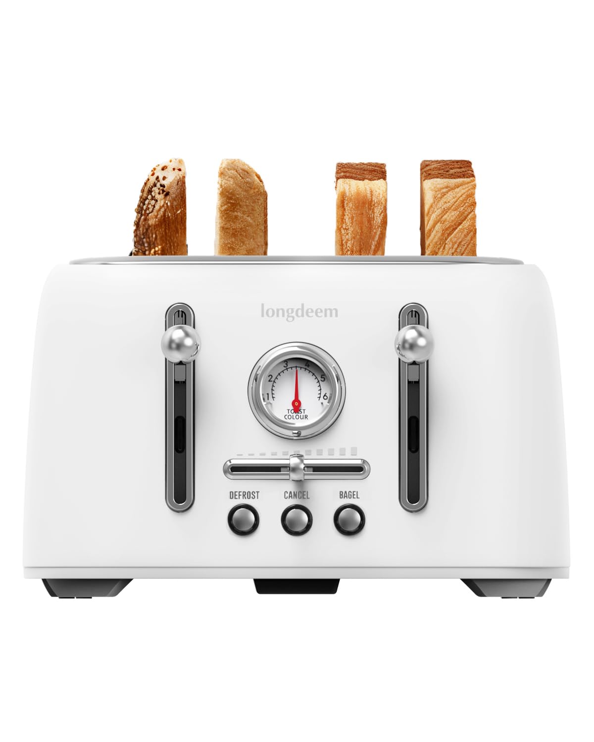LONGDEEM 4-Slice Stainless Steel Toaster with 1.6" Wide Slots, Retro Bagel Toaster with 6 Browning Levels, Defrost/Bagel/Cancel, Removable Crumb Tray, White