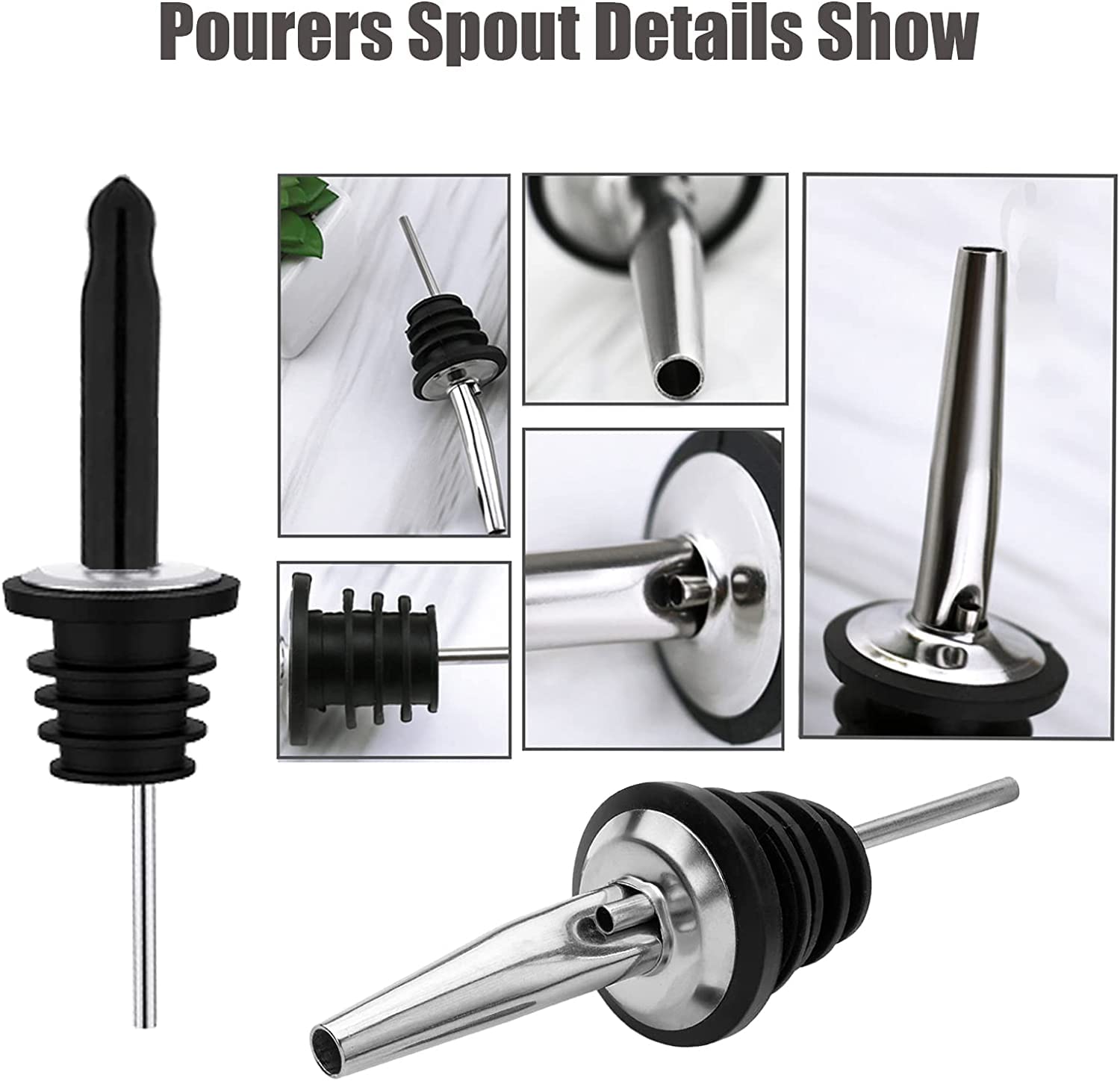 Pafusen 6 Pack Liquor Bottle Pourers, Liquor Pour Spout for Liquor Bottles, Stainless Steel Olive oil Dispenser Spout, Alcohol Pourer Spouts Dust Caps Long Covers, Sliver