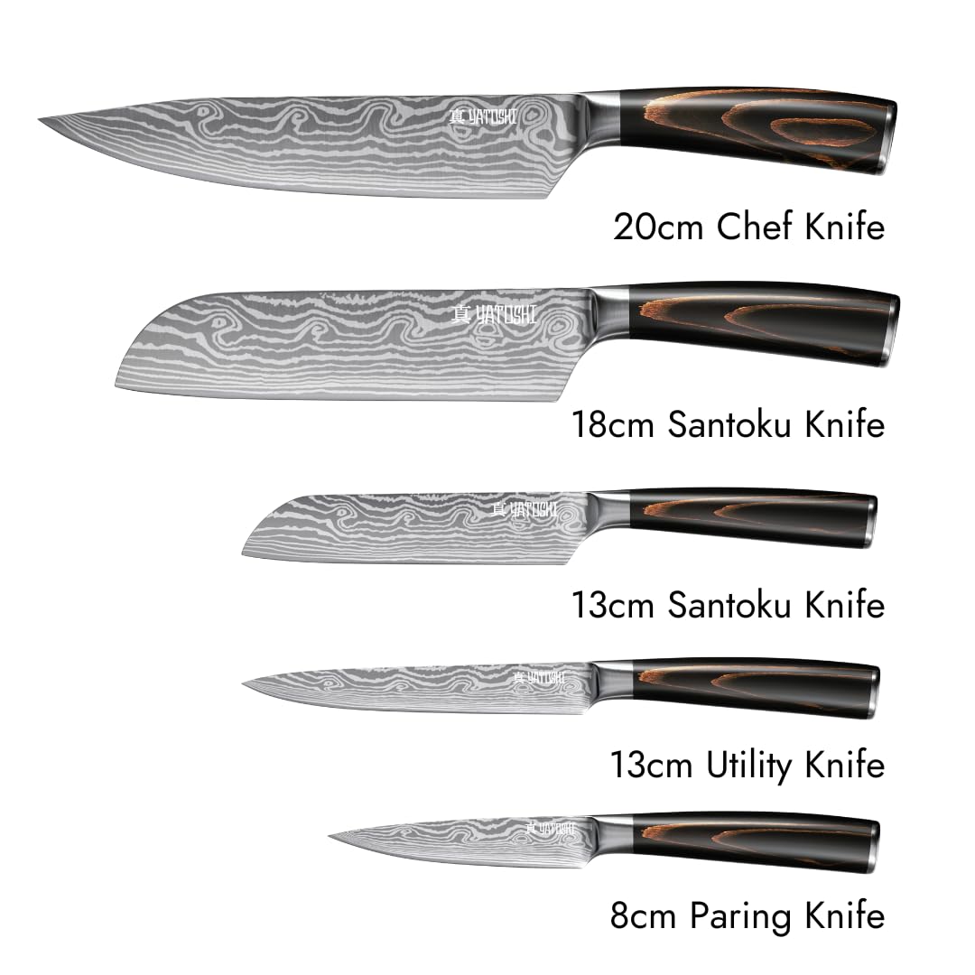 Yatoshi 5 Piece Knife Set - Pro Kitchen Knife Set Ultra Sharp High Carbon Stainless Steel with Ergonomic Handle