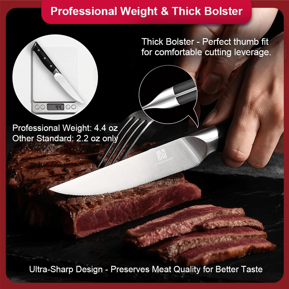 Steak Knives,4.5 Inch Steak Knife Set of 4,Micro-Cutting Point Serrated Edge,Razor Sharp Kitchen Knife,50CR15MOV Stainless Steel,Dishwasher Safe,Ergonomic Handle And Full Tang Design With Gift Box
