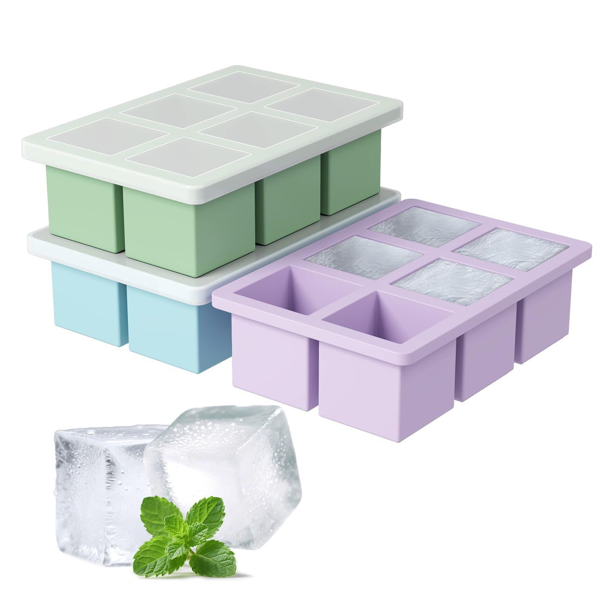 Large Silicone Ice Cube Tray 3Pack, SAWNZC Big Square Ice Cube Molds for Whisky Cocktail, Ice Maker Tray with Lid for Freezer, Easy Release (3, Mint Green)