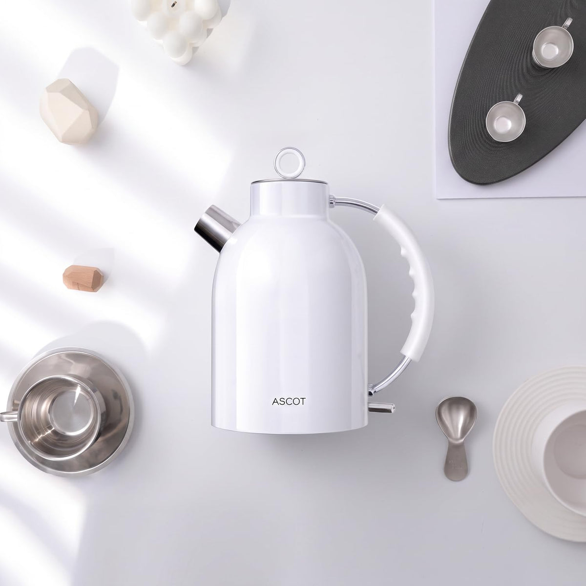 ASCOT Electric Kettle, 1.5L Stainless Steel Water Boiler, White