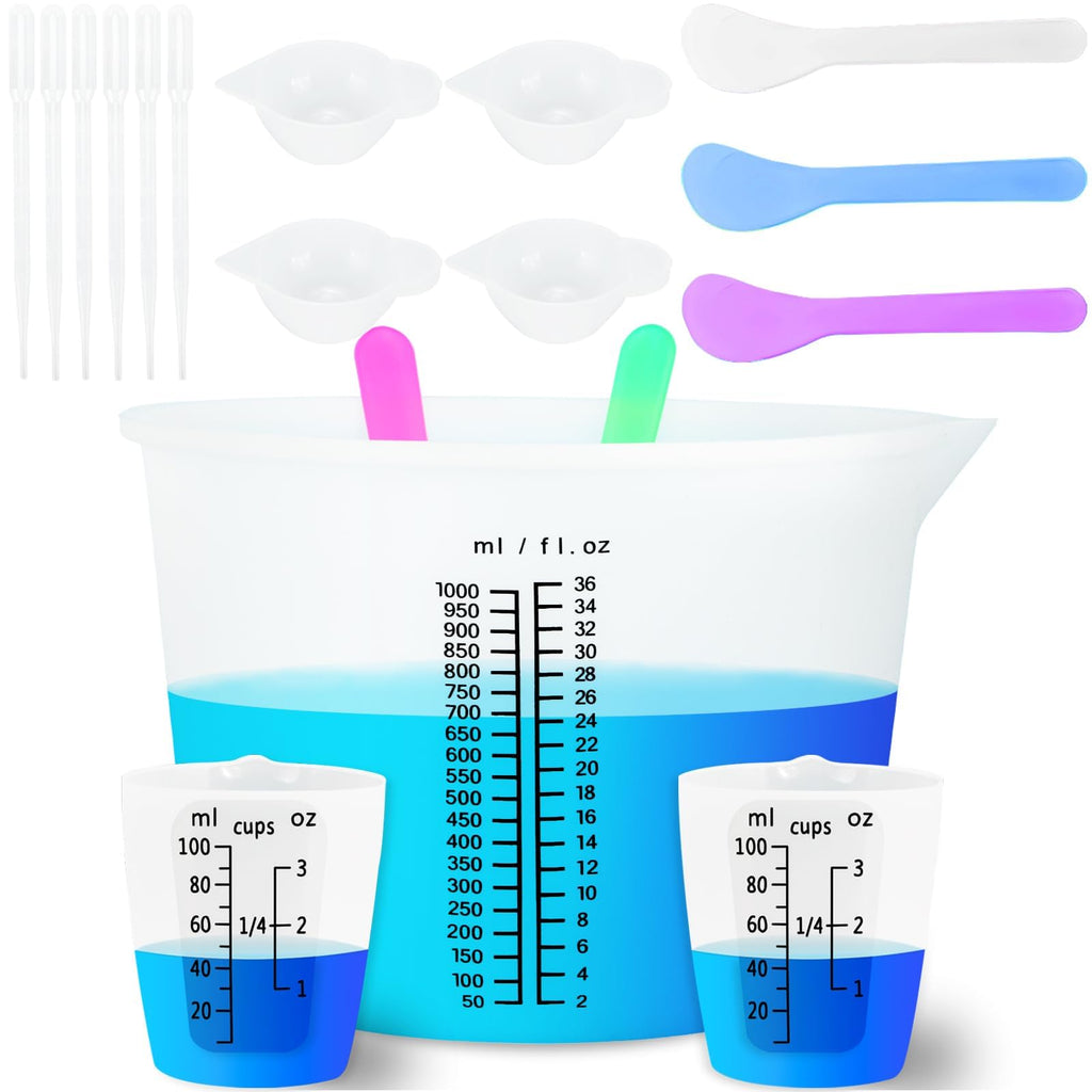Creahaus 1000ML Large Silicone Measuring Cups for Resin, Easy to Read 36oz Silicone Mixing Bowl with 100ML Mixing Cup, Easy Clean Reusable Epoxy Resin Supplies with Stir Stick, Pipettes