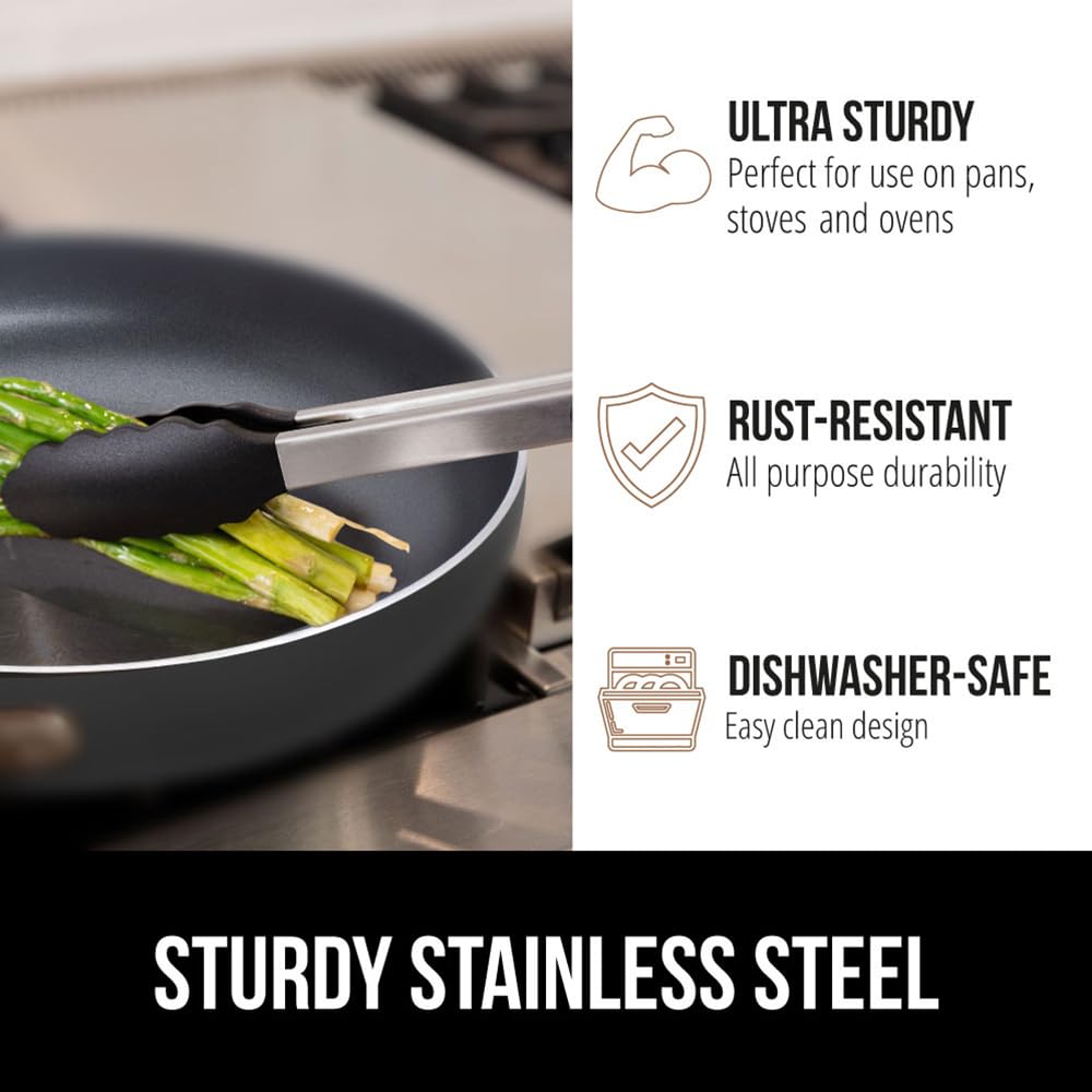 GORILLA GRIP Stainless Steel BPA-Free Kitchen Tongs for Cooking, 7+9+12 Inch, Heat Resistant BBQ Tong Set of 3, Non Scratch Silicone Tip for Pan, Strong Grip, Grab Food, Toss Salad, Pull Lock, Black