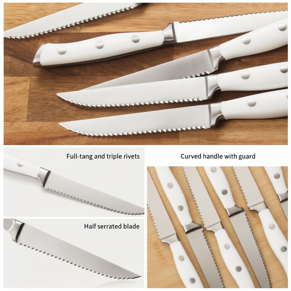 Alata 6-Piece White Steak Knives Set, Full-Tang Serrated Sharp Knives