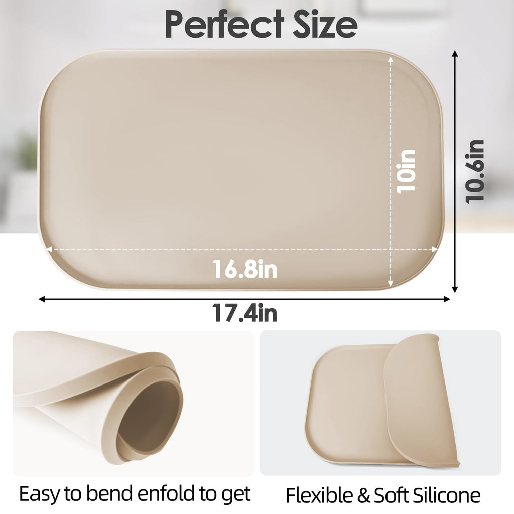 Silicone Coffee Maker Mat with Lip for Countertops, 17.4'' x 10.6'', Khaki