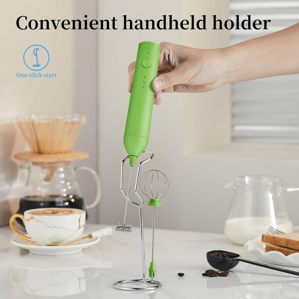ELMWAY Rechargeable Milk Frother Set by ELMWAY, Electric Drink Blender with Wand and Egg Whisk, Foam Maker Mixer, Milk Frother Handled for Coffee, Latte, Matcha, Protein Powder (Green with Stand)