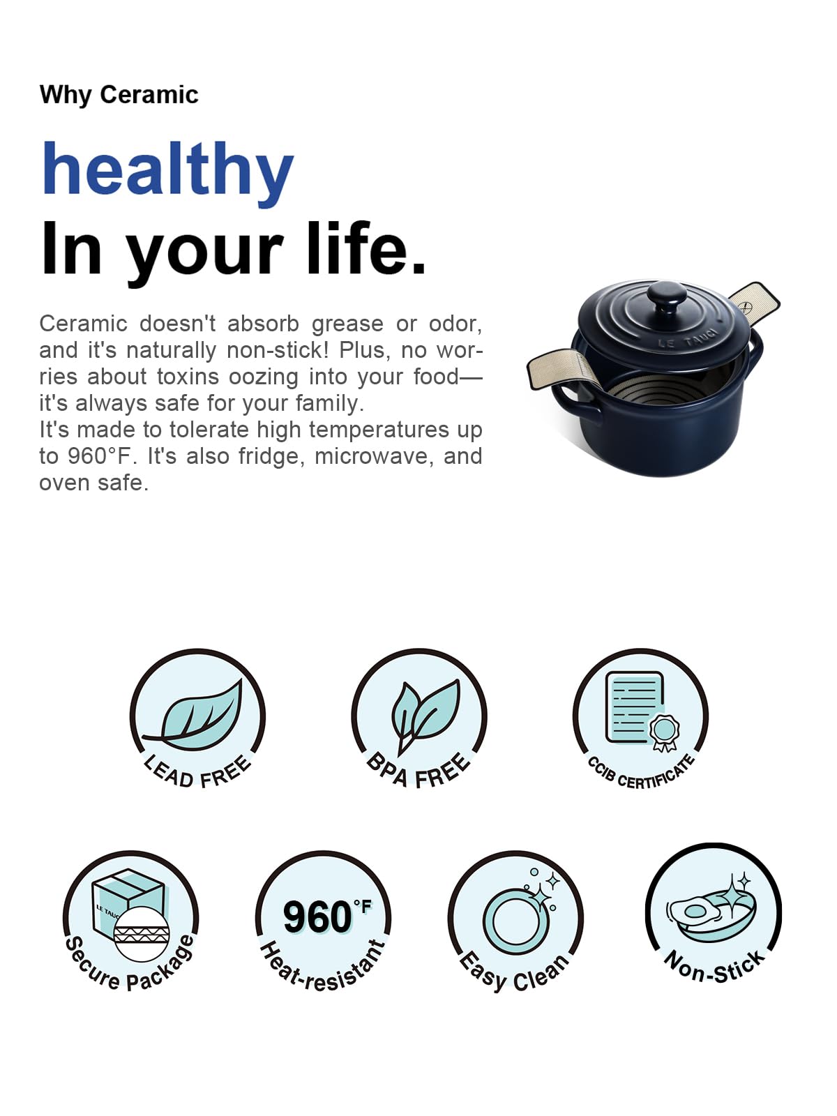 LE TAUCI 3 QT Ceramic Bread Baker with Lid for Sourdough, Covered Bread Baking Pot with Natural Steam Retention, Oven Safe to 500°F, Silicone Bread Sling Included, Midnight Blue