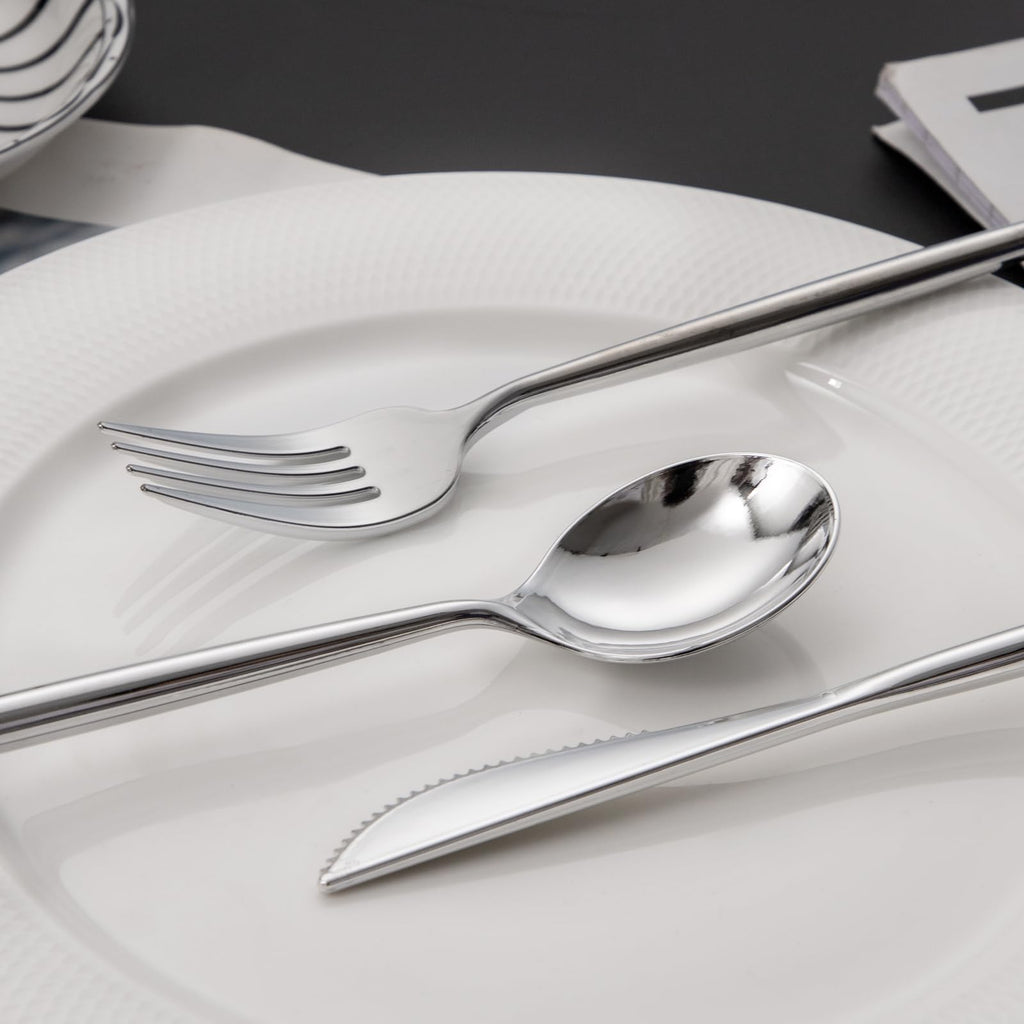 LIYH 102 Pcs Silver Plastic Silverware - Heavyduty Plastic Cutlery Set Disposable Utensils Flatware Set Knives Forks Spoons Disposable Cutlery Mothers Day
