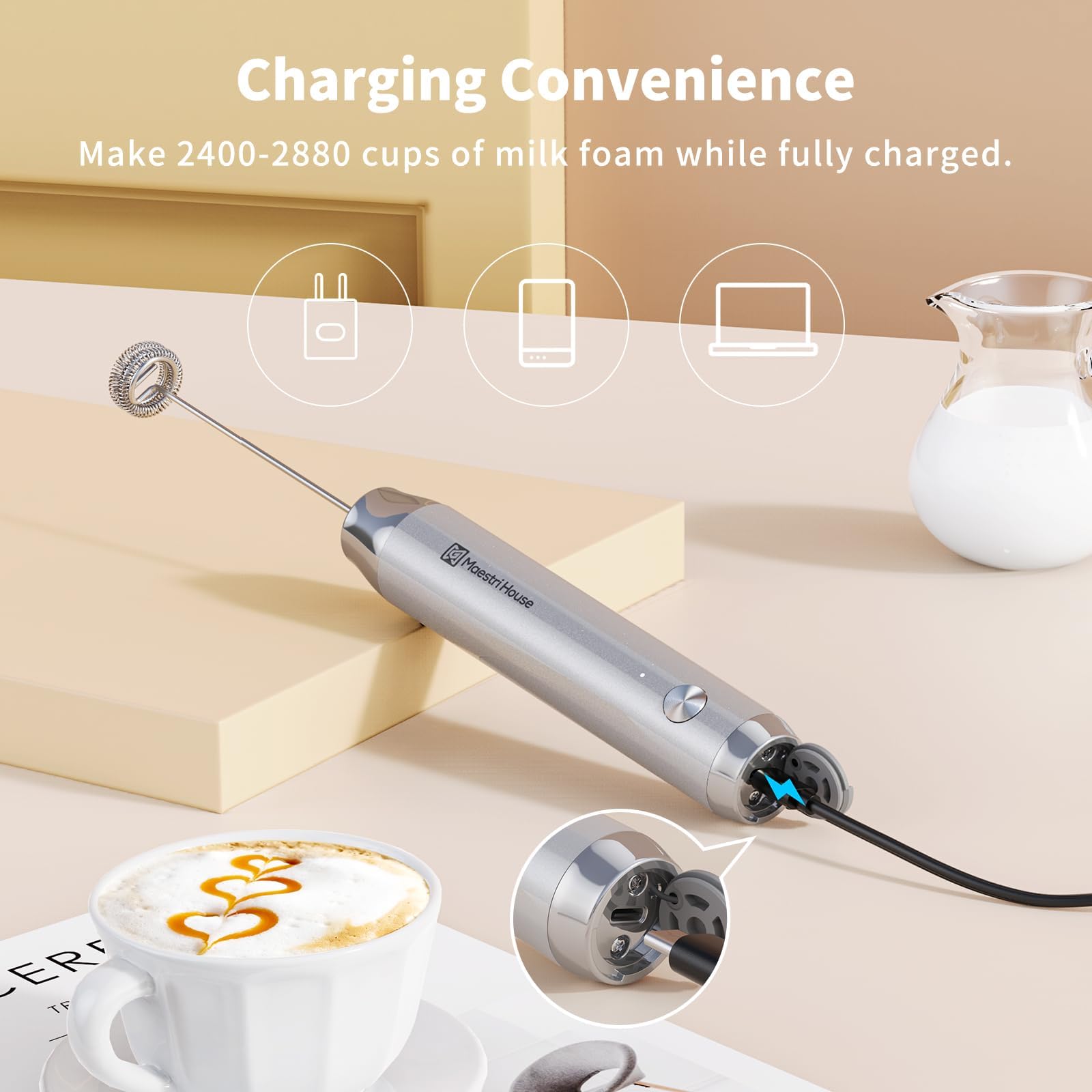 Maestri House LunaFro Rechargeable Milk Frother,Stand & 2 Detachable Whisks