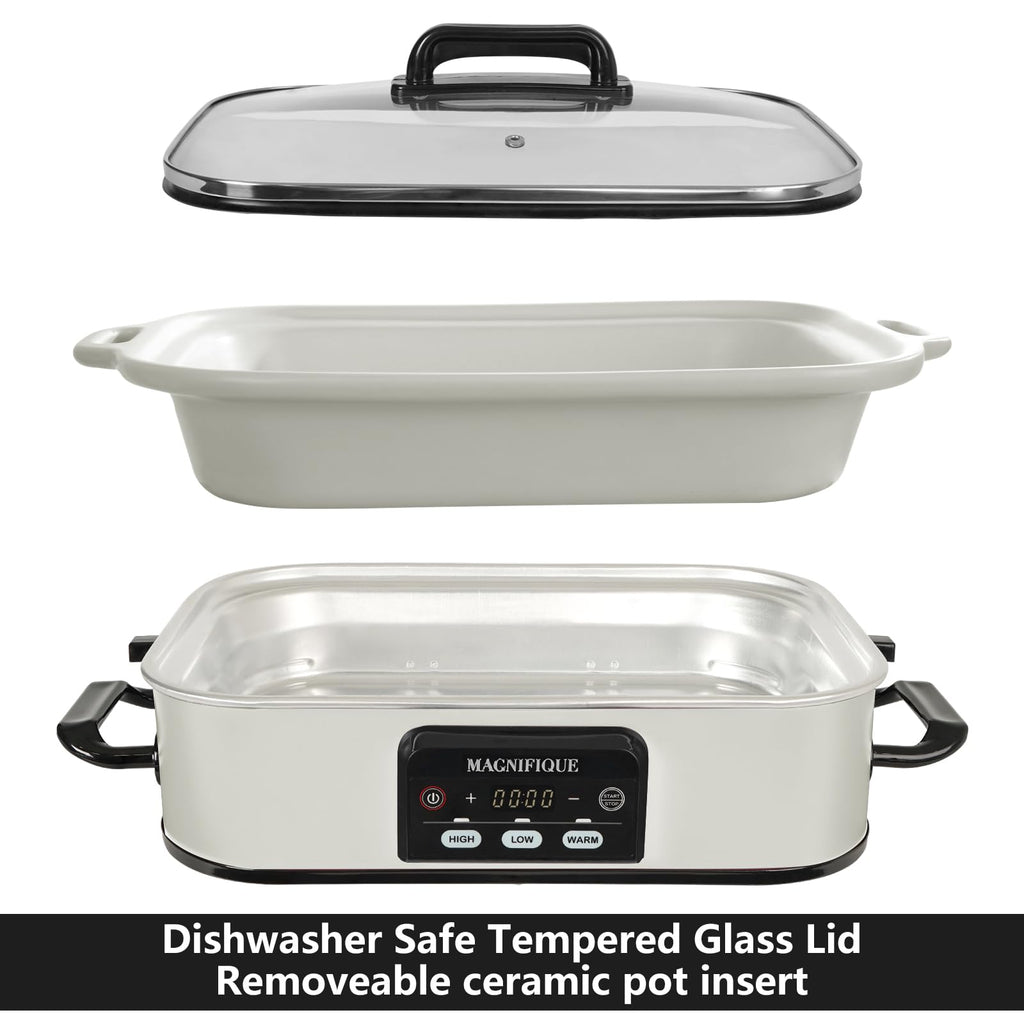 Magnifique 4 Quart Casserole Digital Slow Cooker, Premium Ceramic Bakeware for Oven, Dishwasher Safe Baking Dish, White