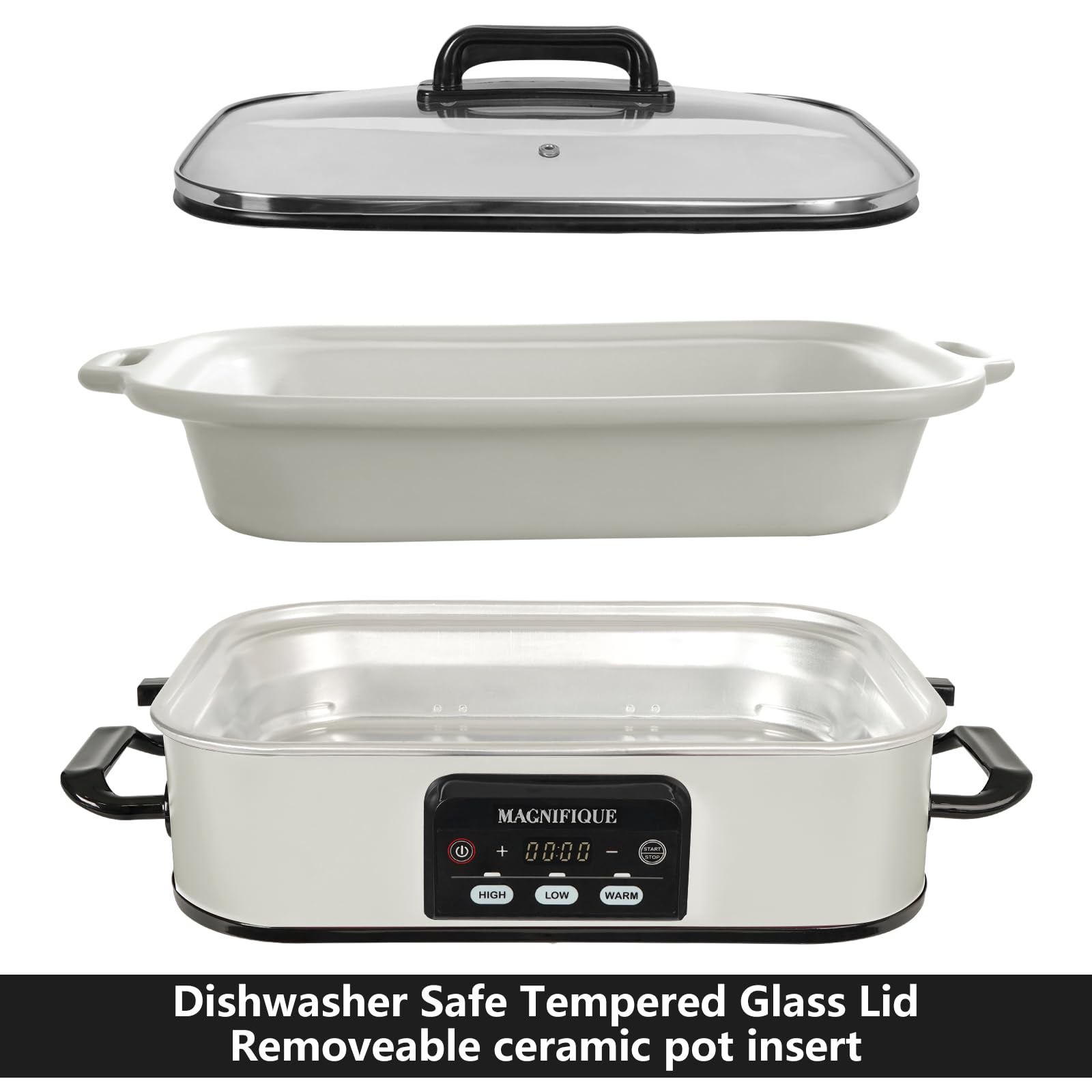 Magnifique 4 Quart Casserole Digital Slow Cooker, Premium Ceramic Bakeware for Oven, Dishwasher Safe Baking Dish, White