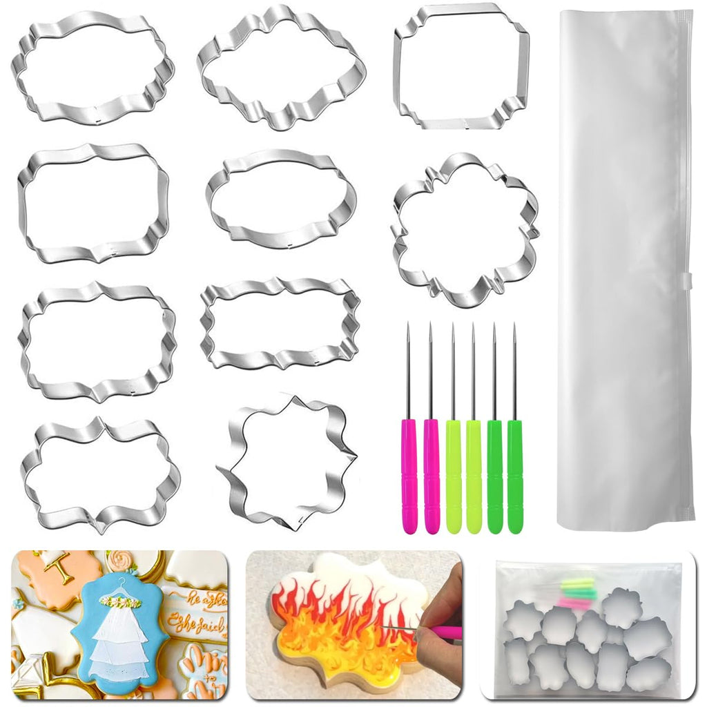 Kanehosi Frame Cookie Cutters 10 Shapes with 6 Cookie Scribes & 1 Storage Bag, Plaque Fondant Dough Cutters Baking Tools Kitchen Accessories for Home Daily Holiday Party