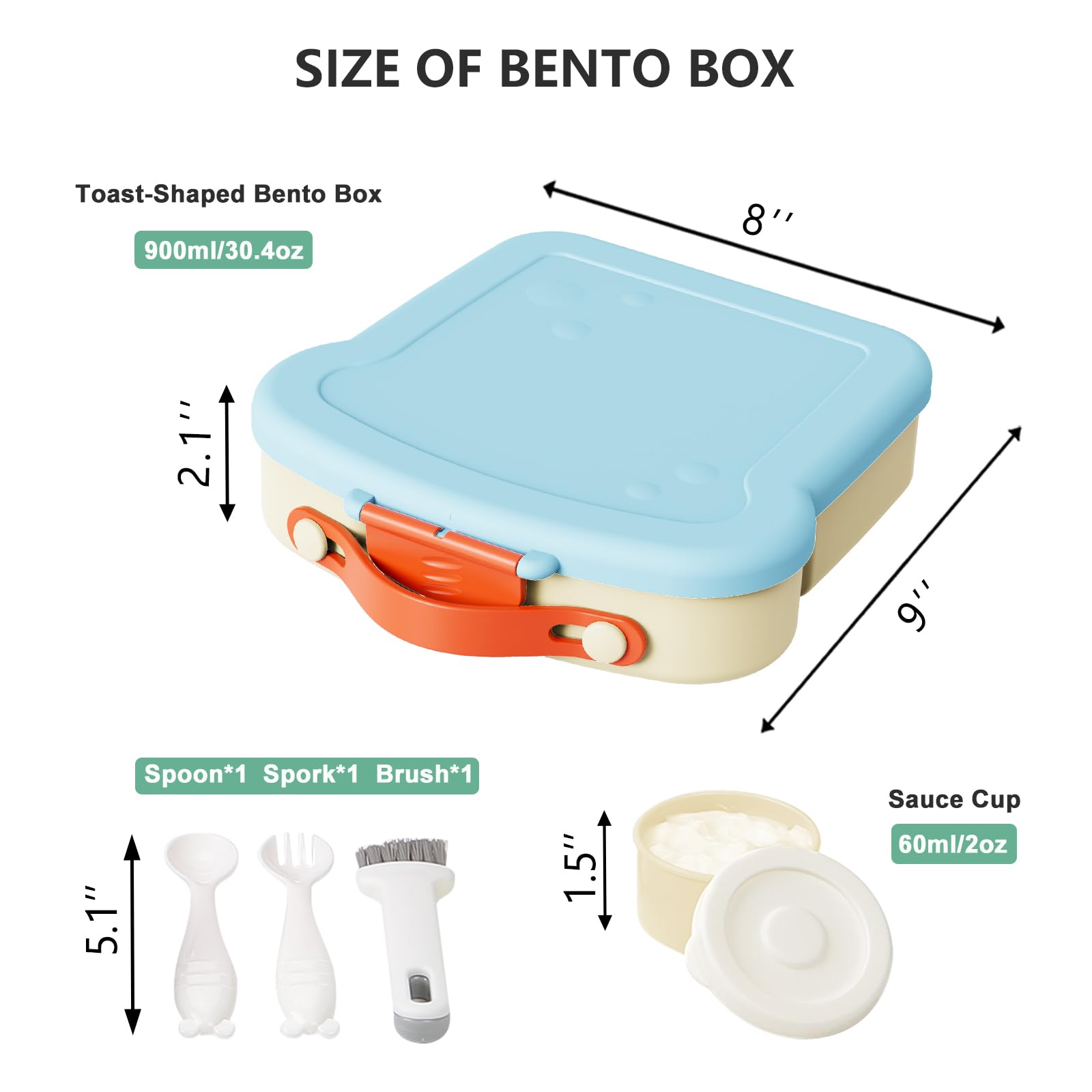 SAYAPE Kids Bento Lunch Box - Toast-Shaped 4-Compartment Lunchable Food Container with Sauce Cup, Utensils & Brush, BPA-Free, Reusable Snack Container with lid, Ideal for School & Travel - Blue