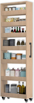 7-Tier Slim Storage Cart, Wooden Rolling Pantry Cabinet with Wheels, Narrow Shelf Organizer for Kitchen, Bakers Rack, Dining Room, Closet, Small Spaces Light Walnut 73.2‘’H*5.9''W*19.6''D