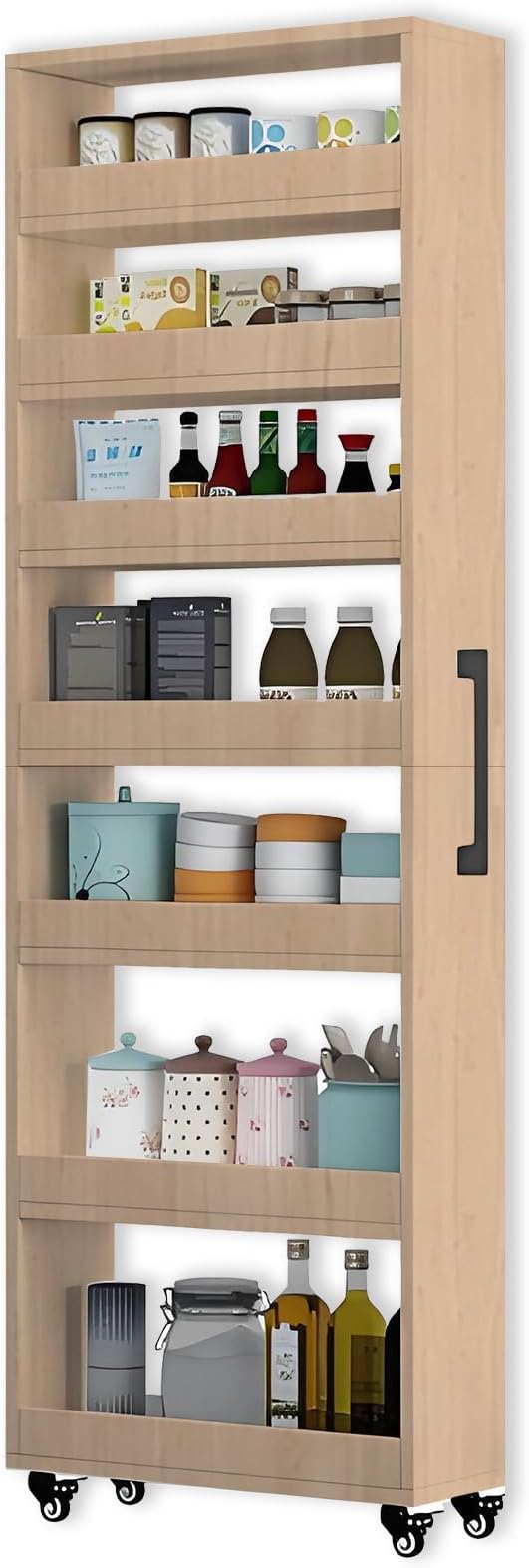 7-Tier Slim Storage Cart, Wooden Rolling Pantry Cabinet with Wheels, Narrow Shelf Organizer for Kitchen, Bakers Rack, Dining Room, Closet, Small Spaces Light Walnut 47.2" H*5.9" W*16.9" D