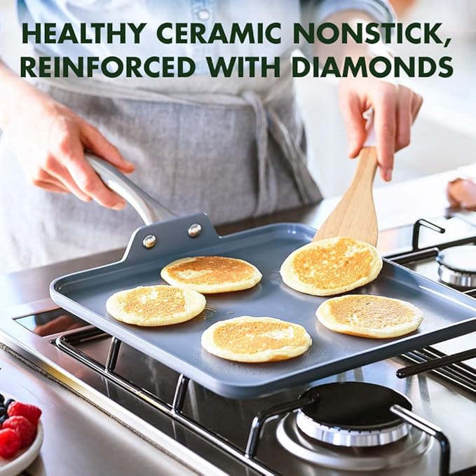 GreenPan Lima Hard Anodized 11” Square Griddle Pan, Ceramic Nonstick, PFAS-Free Nontoxic Pots and Pans, Oven & Broiler Safe, Stainless Steel Handle, Cookware for Eggs & Omelet, Gray