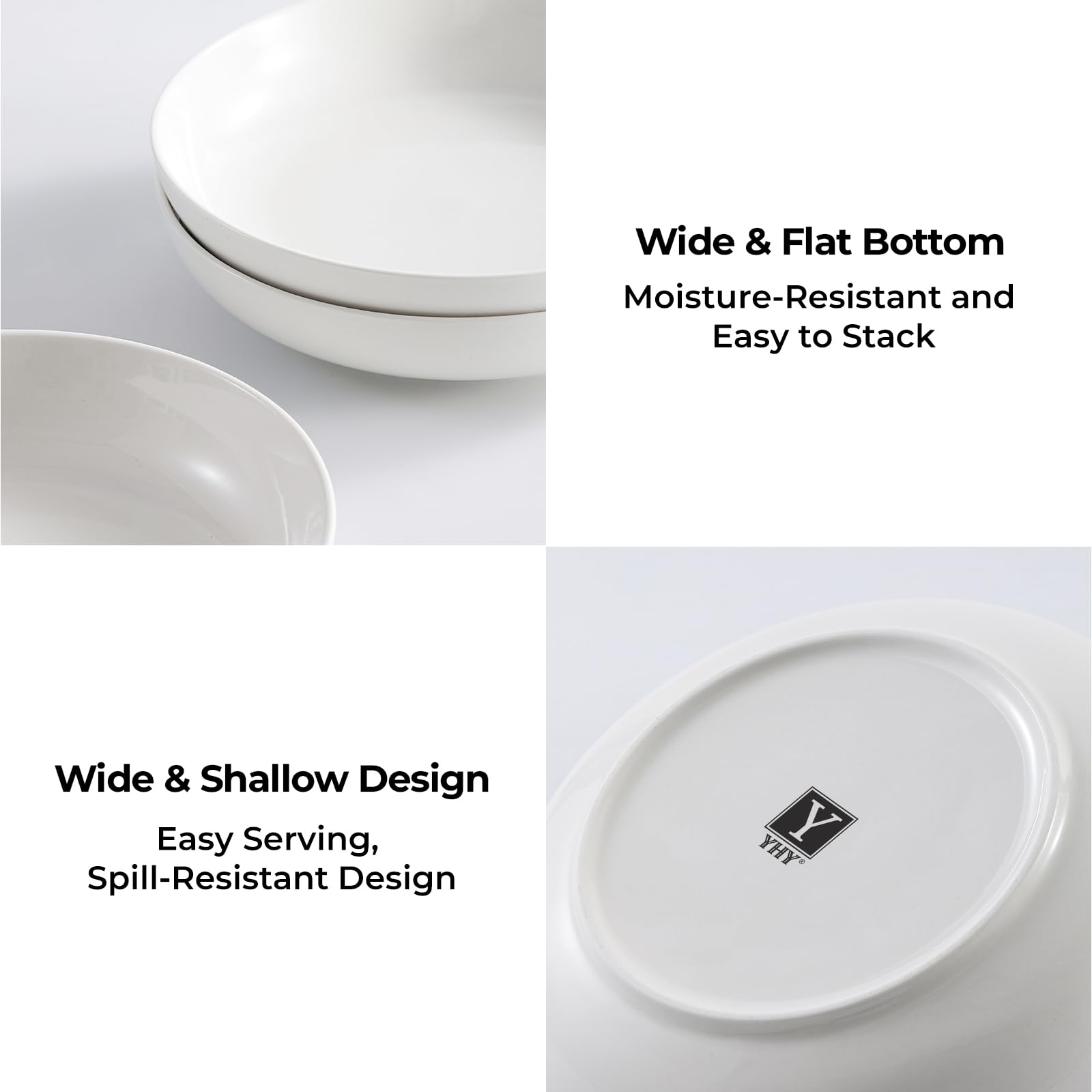 Y YHY 9.75" Large Pasta Bowls, 50 Ounces Big Salad Bowls, Ceramic Serving Bowl Set of 4, Wide and Shallow Bowls Set, Microwave and Dishwasher Safe, White