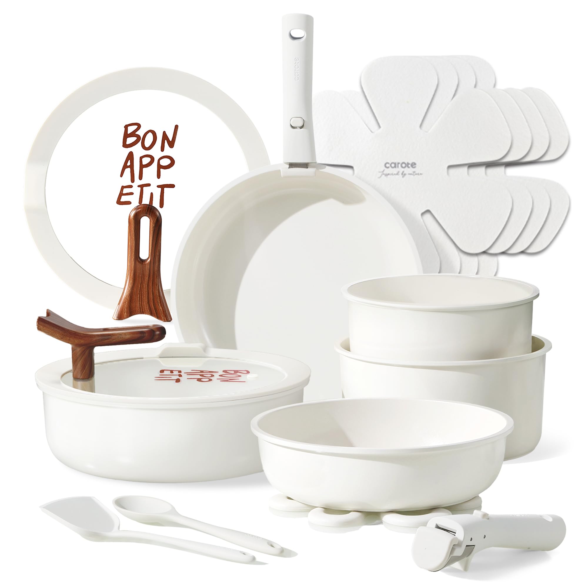 CAROTE 18Pcs Ceramic Cookware Set with Detachable Handle, Pots and Pans Set Non Stick, Non Toxic Kitchen Cooking Sets with Stand-Up Lid, PFAS and PFOA Free, Oven Safe, Induction Ready, Cream White