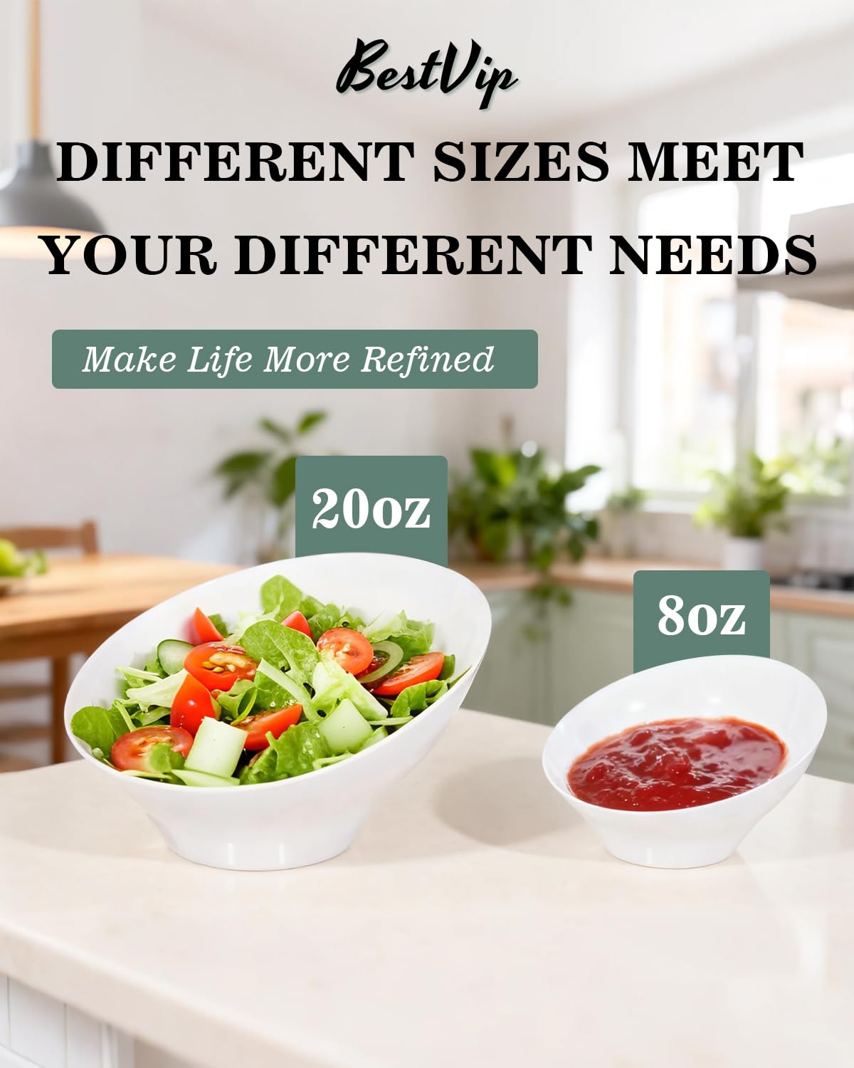 BESTVIP 8 Oz White Plastic Angled Serving Bowls, 12 Pack