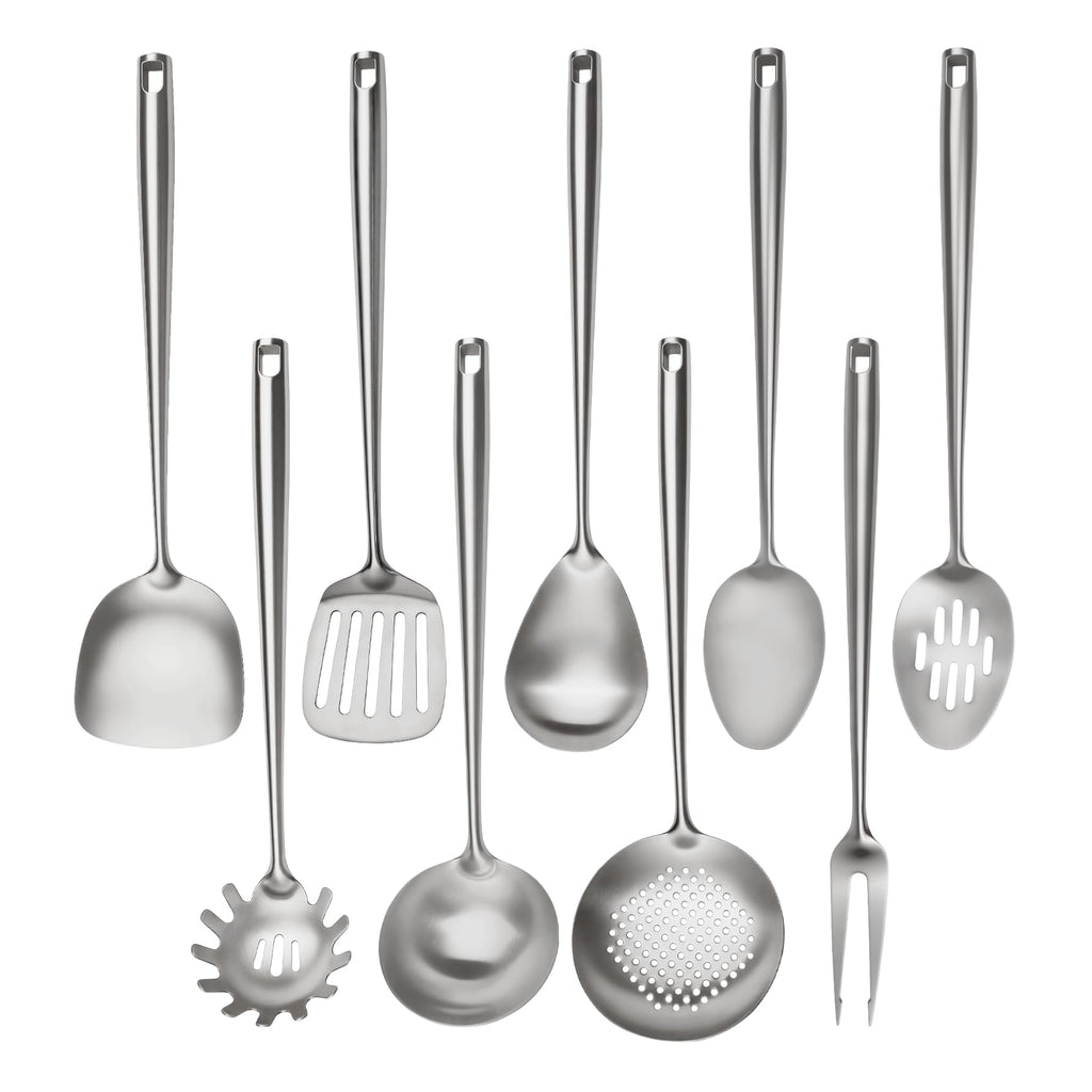 18/10 Stainless Steel Cooking Utensils Set,9 Pcs Professional All Metal Stainless Steel Kitchen Utensils Set with Wok Spatula,Soup Ladle,Skimmer,Slotted Spatula Turner, Large Spoon(Dishwasher Safe)
