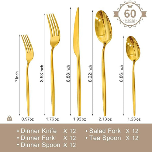 18/10 Silverware Set for 12, 60 Piece Gold Stainless Steel Flatware Cutlery