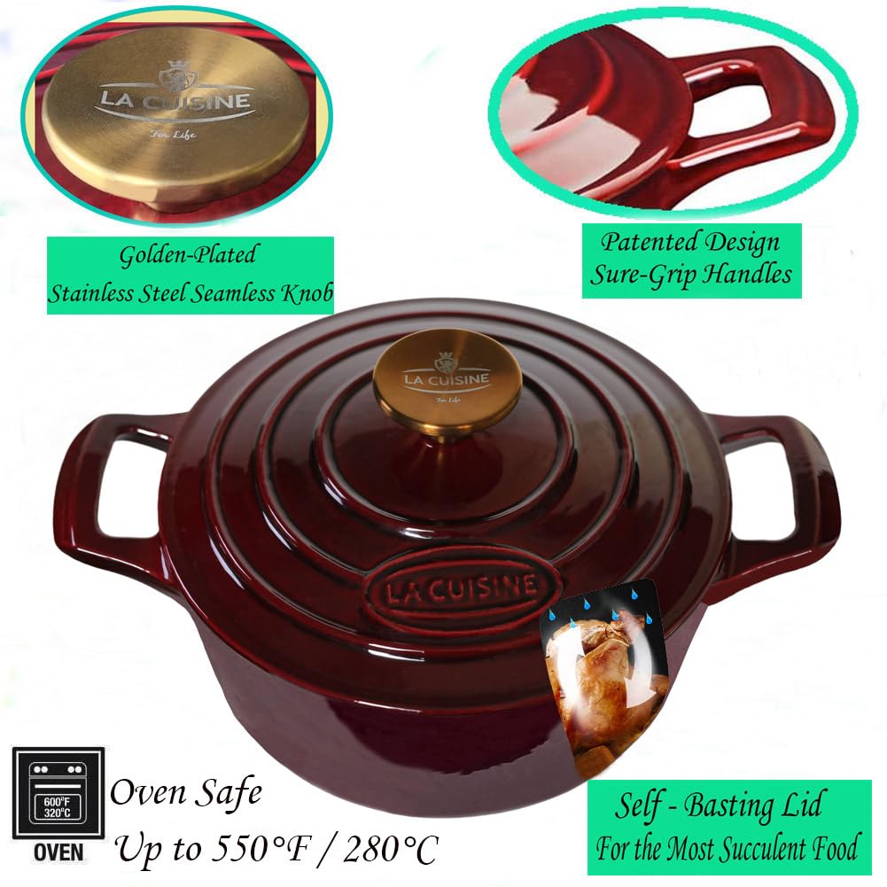 La Cuisine Enameled Cast Iron Dutch Oven Casserole Pot with Golden handle for Lid, Internal Matte Black Enamel Coating, 6.5 QT 11" / 28cm Ø, Oven-Safe 550°F/276°C, Cranberry