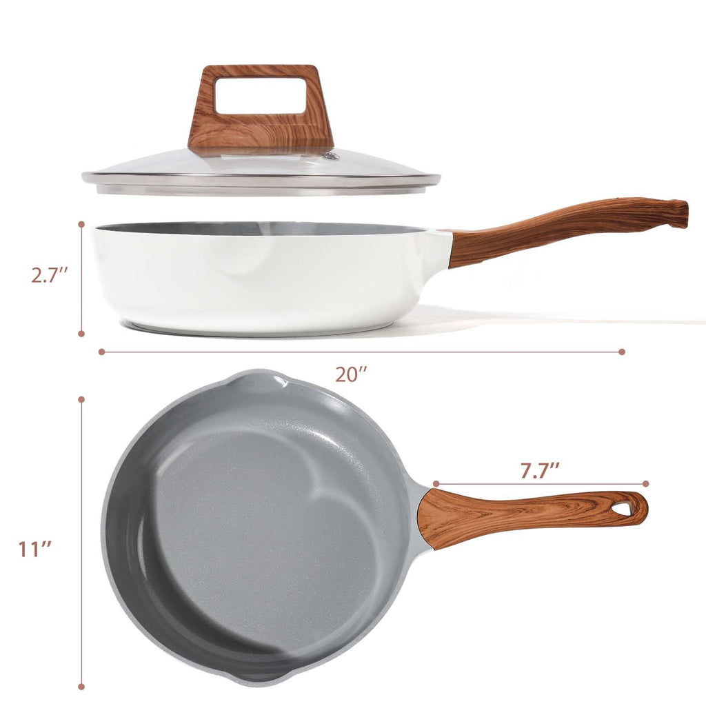Nonstick Frying Pans With Lid, 11 Inches Skillets Deep Frying Pan Non stick, Ceramic Frying Pans With Pour Spout, Non Toxic Frying Pan for Stove, Induction, Gas, PB/CD/PFOA Free (White,11 Inches)