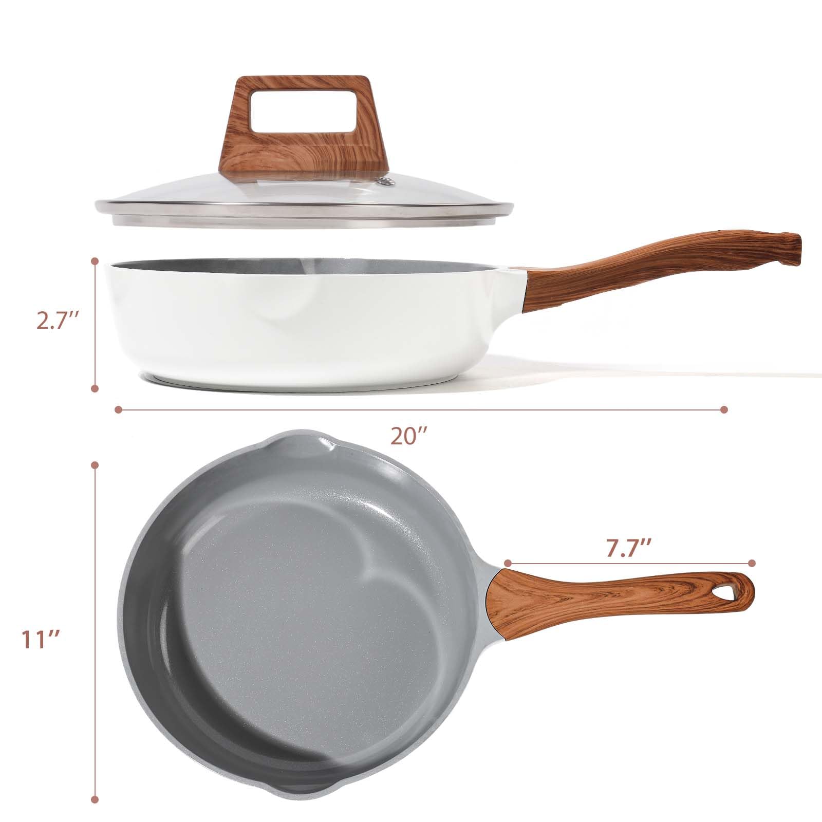 Nonstick Frying Pans With Lid, 11 Inches Skillets Deep Frying Pan Non stick, Ceramic Frying Pans With Pour Spout, Non Toxic Frying Pan for Stove, Induction, Gas, PB/CD/PFOA Free (White,11 Inches)