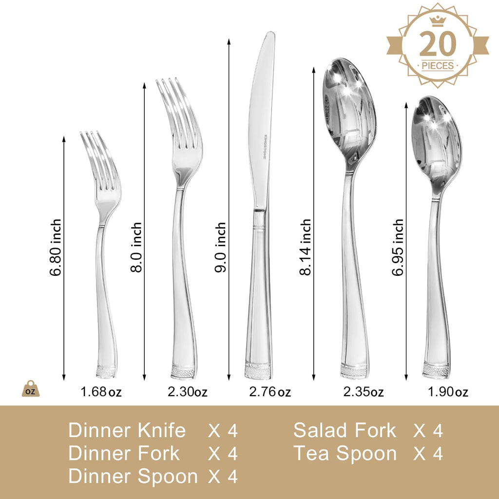 KINGSTONE 20-Piece Flatware Set, 18/10 Stainless Steel Silverware Set for 4